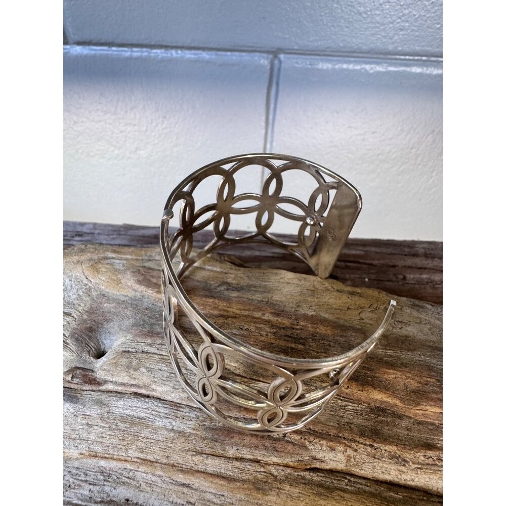 Brighton Designer Silver Tone Cutout Cuff Bracelet Featuring Intricate Geometric - Picture 3 of 6